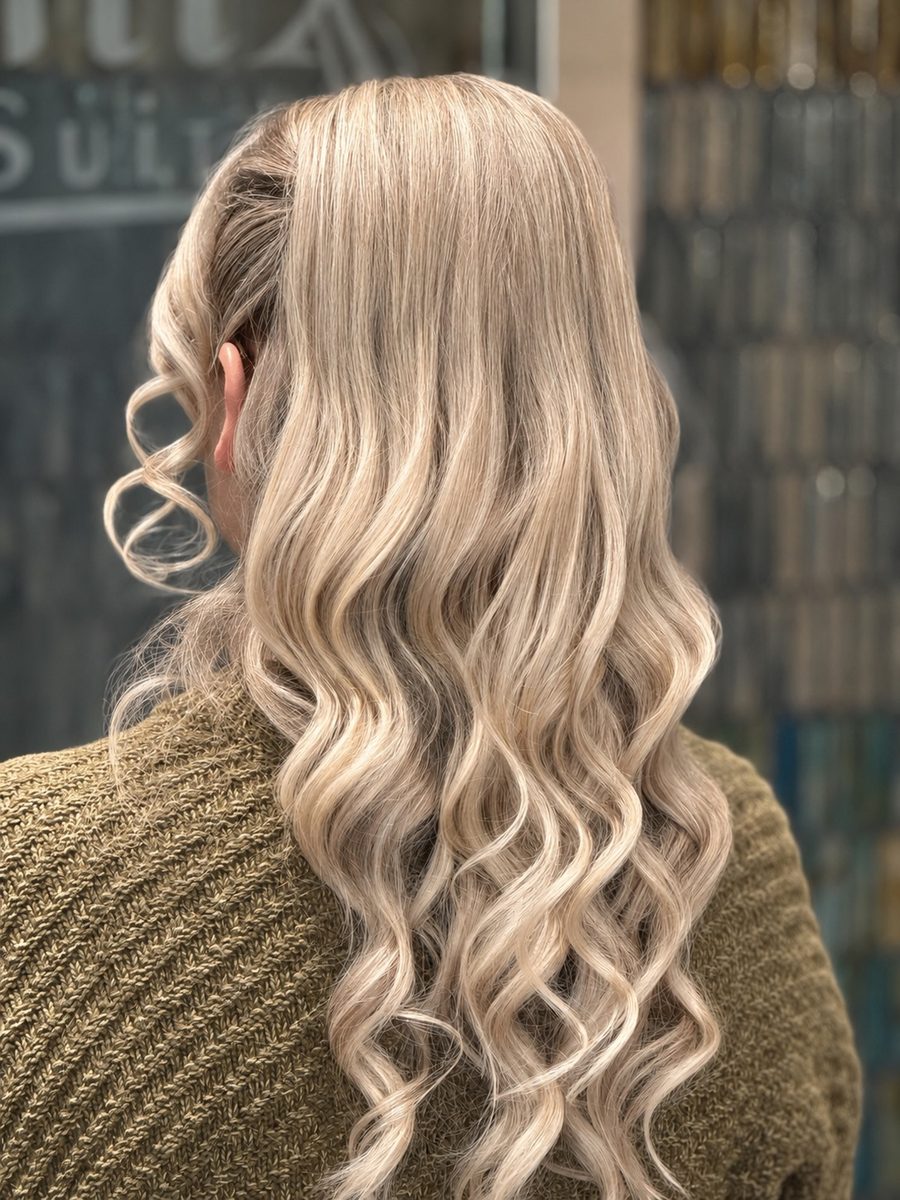 Dimensional blonde balayage styled into beachy waves at Hair by Heidi